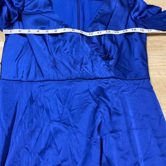 Mac Duggal NWT Satin Ruched Bishop Sleeve Gown Royal Blue Size 8 V-neck - Picture 8 of 11